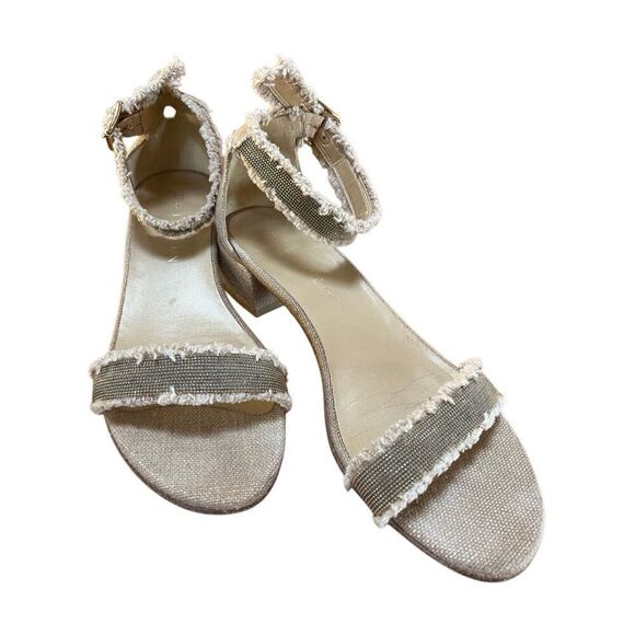 Stuart Weitzman Gold Beaded Beige Tweed Nudistchains Sandals Ankle/Toe Strap 9 M - Picture 2 of 11